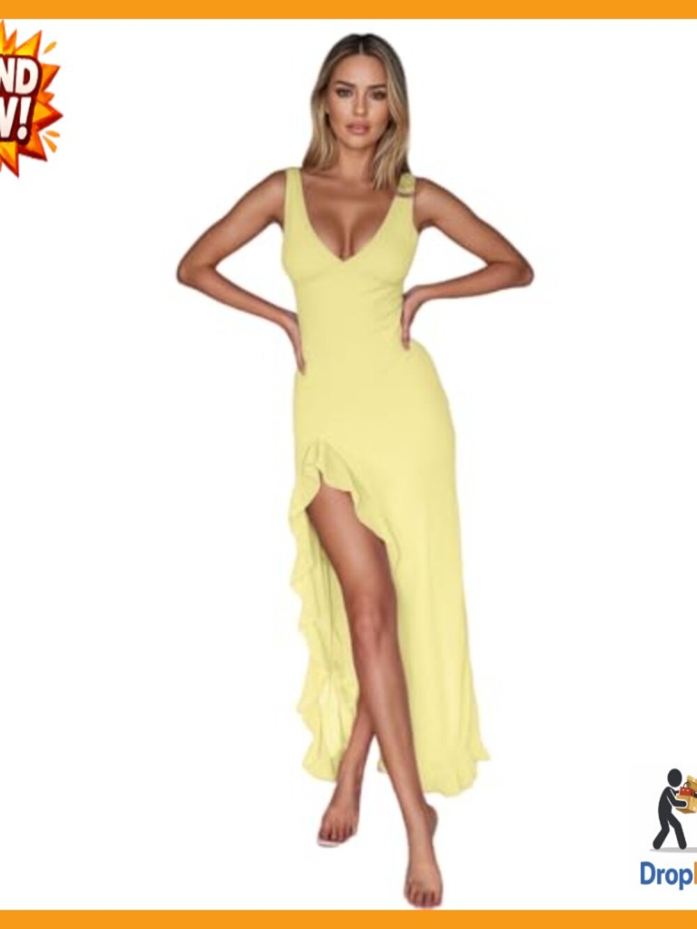 Sexy V Neck Mesh Maxi Dress Ruffle Hem High Slit Bodycon Cocktail Party - Picture 3 of 7